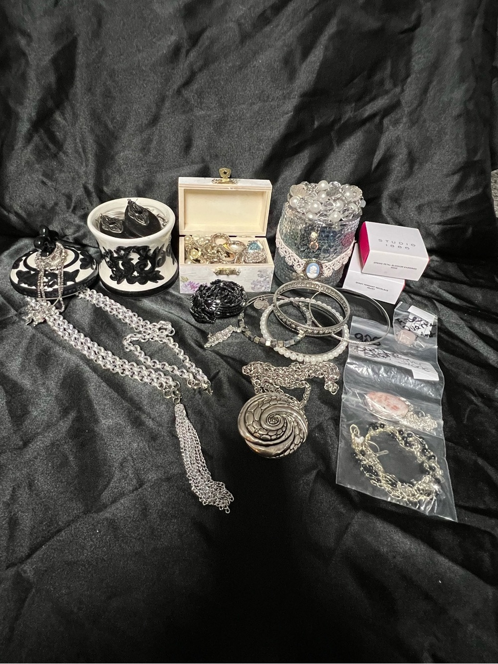 Vintage black and silver tone jewelry jar